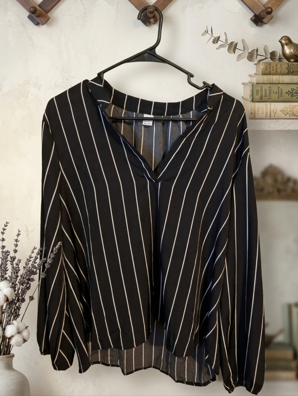 Striped V-Neck Long Sleeve Blouse - Black